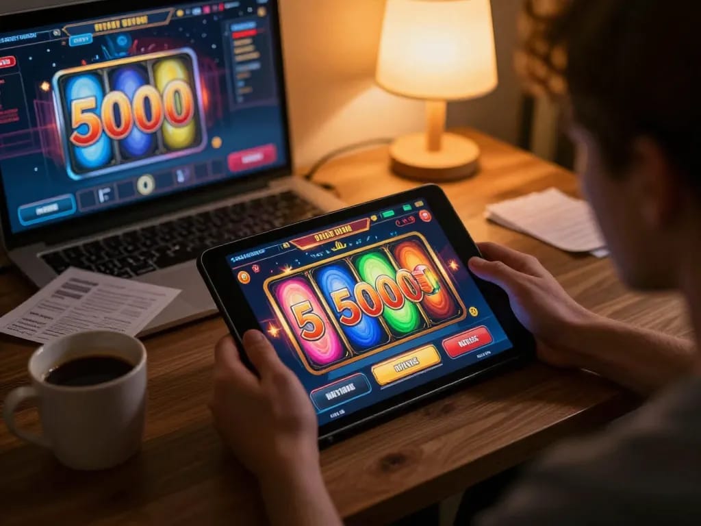 Engaging in slot deposit 5000 online gaming experience with colorful reels spinning on tablet.