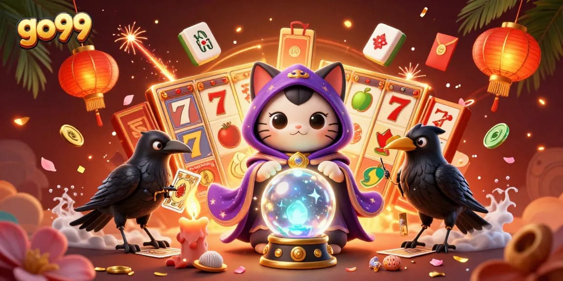 Spin and win at go99 with an engaging illustration of a mystic cat fortune teller and vibrant casino elements.
