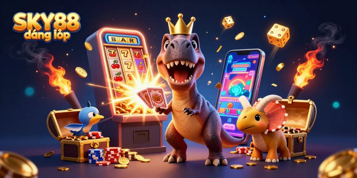 Engage in stunning SKY88 đăng nhập 3D illustrations with cartoon characters amidst vibrant casino elements.