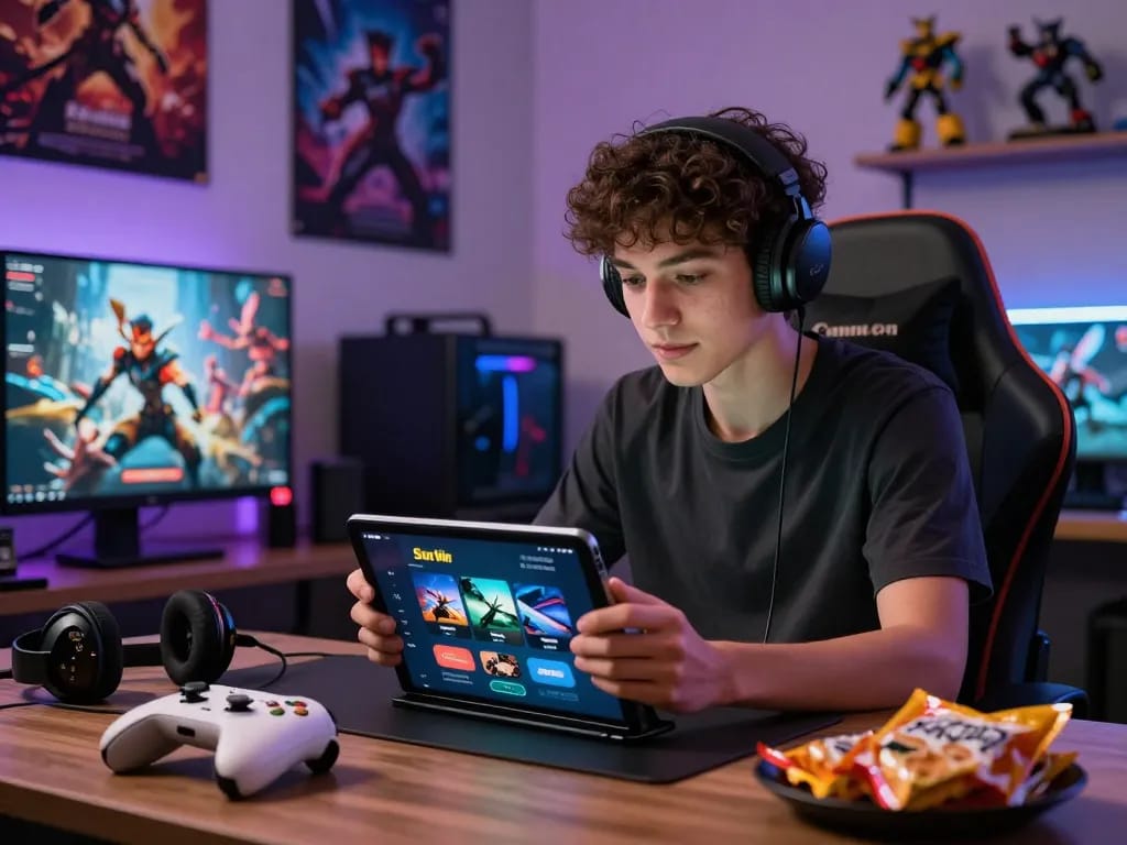 Engaging gaming scene with Sun Win app download on tablet amidst gaming accessories.