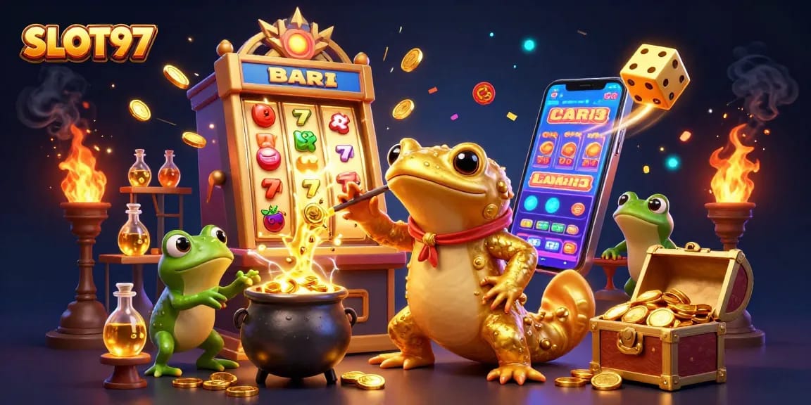 Experience thrilling casino action at SLOT97 with a vibrant scene of an alchemist and lucky symbols.