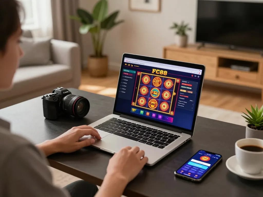 Engaging FC88 online gaming scene with player enjoying slots at home on stylish desk