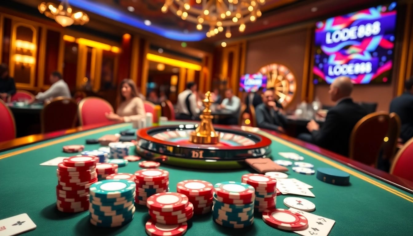 Play poker at LODE88's luxurious casino with vibrant chips and cards on the table.
