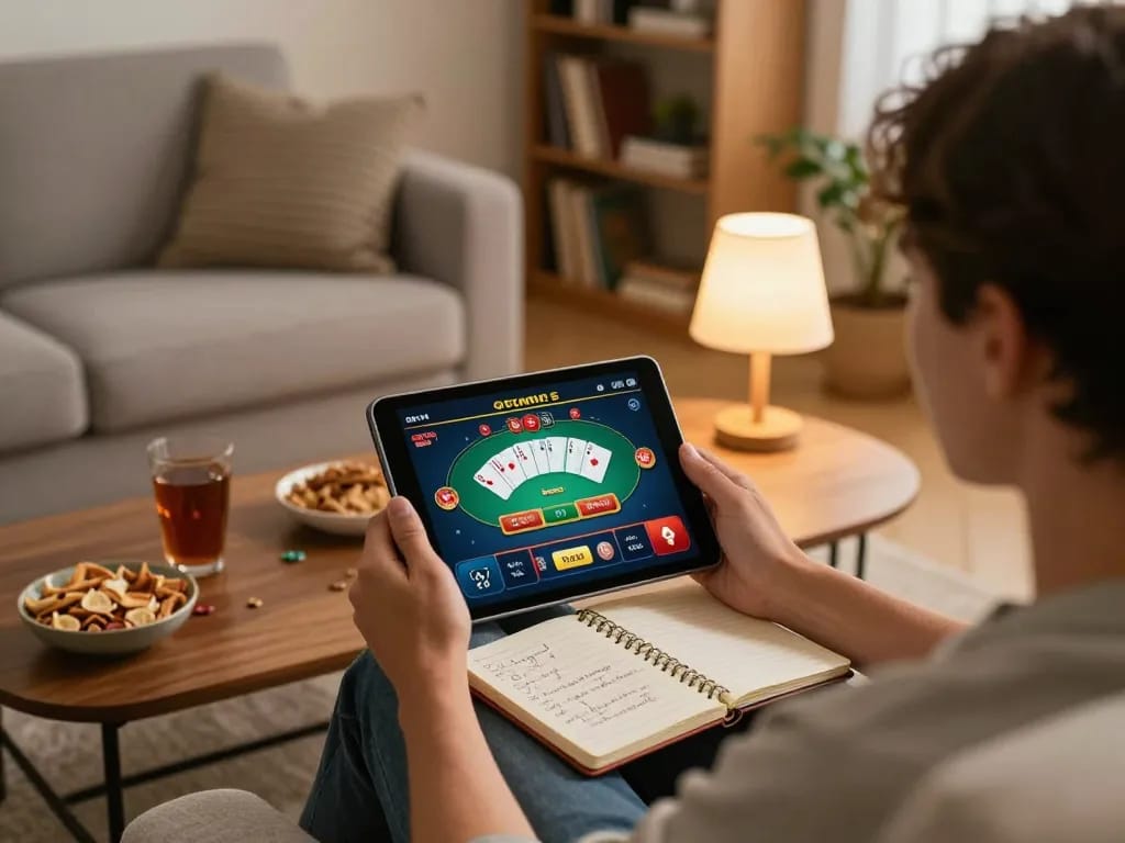 Player engaging with UK88 online casino on tablet, cozy home atmosphere with betting strategies visible