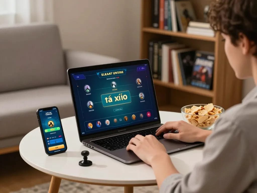 Tài xỉu online gameplay setup with a focused player, laptop, and smartphone displaying bets in a cozy atmosphere.