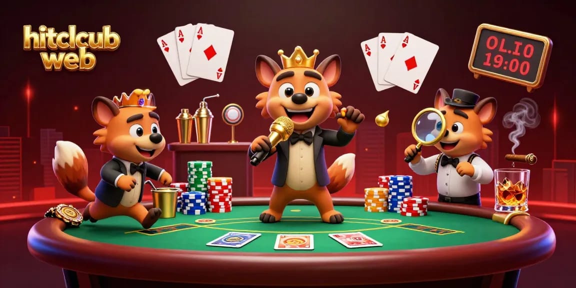Join the ultimate gaming experience with hitclcub web, featuring hyenas in a bustling cartoon casino scene.