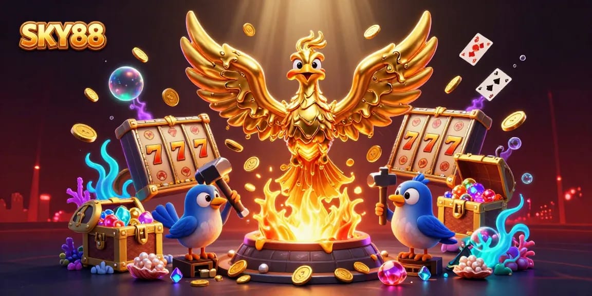 Experience sky-high thrills with SKY88 in this vibrant online casino environment filled with golden treasures.