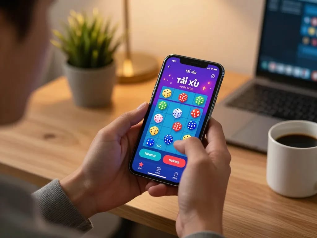 Engage with app tài xỉu online on a smartphone, featuring vibrant game interface and a cozy setting.