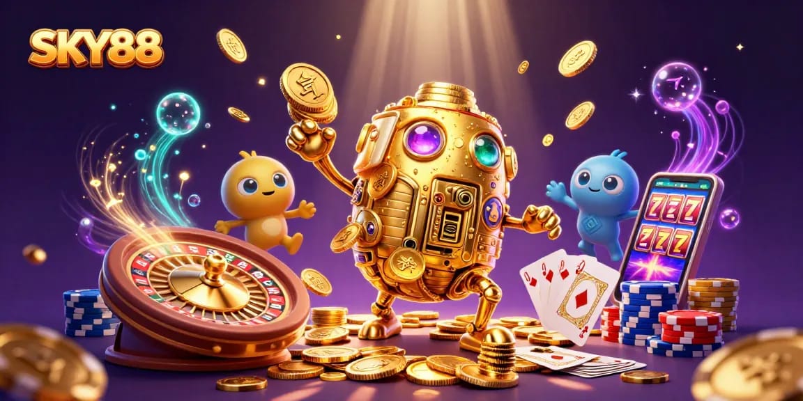 Experience thrilling slots at SKY88 with an enchanting golden golem and cascading coins.