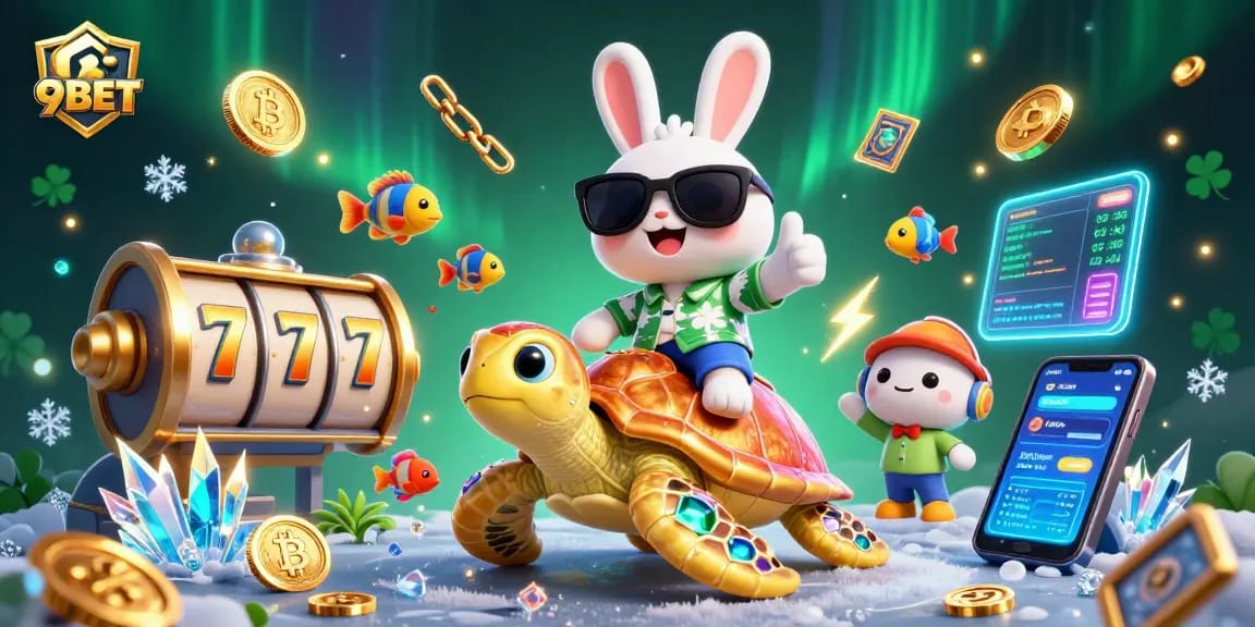 Join the excitement with 9BET as the lucky rabbit and golden turtle showcase abundant slot wins and crypto coins.