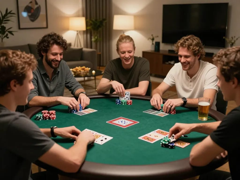 Friends enjoying a poker night at home with VU88-themed cards and lively interactions.