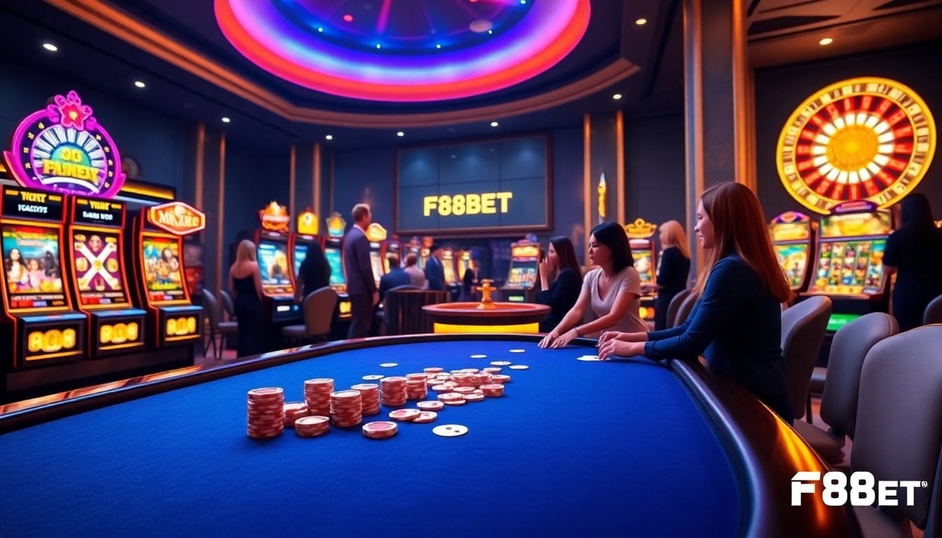 Experience thrilling online gambling at F8BET with a vibrant casino scene featuring poker, slots, and roulette.