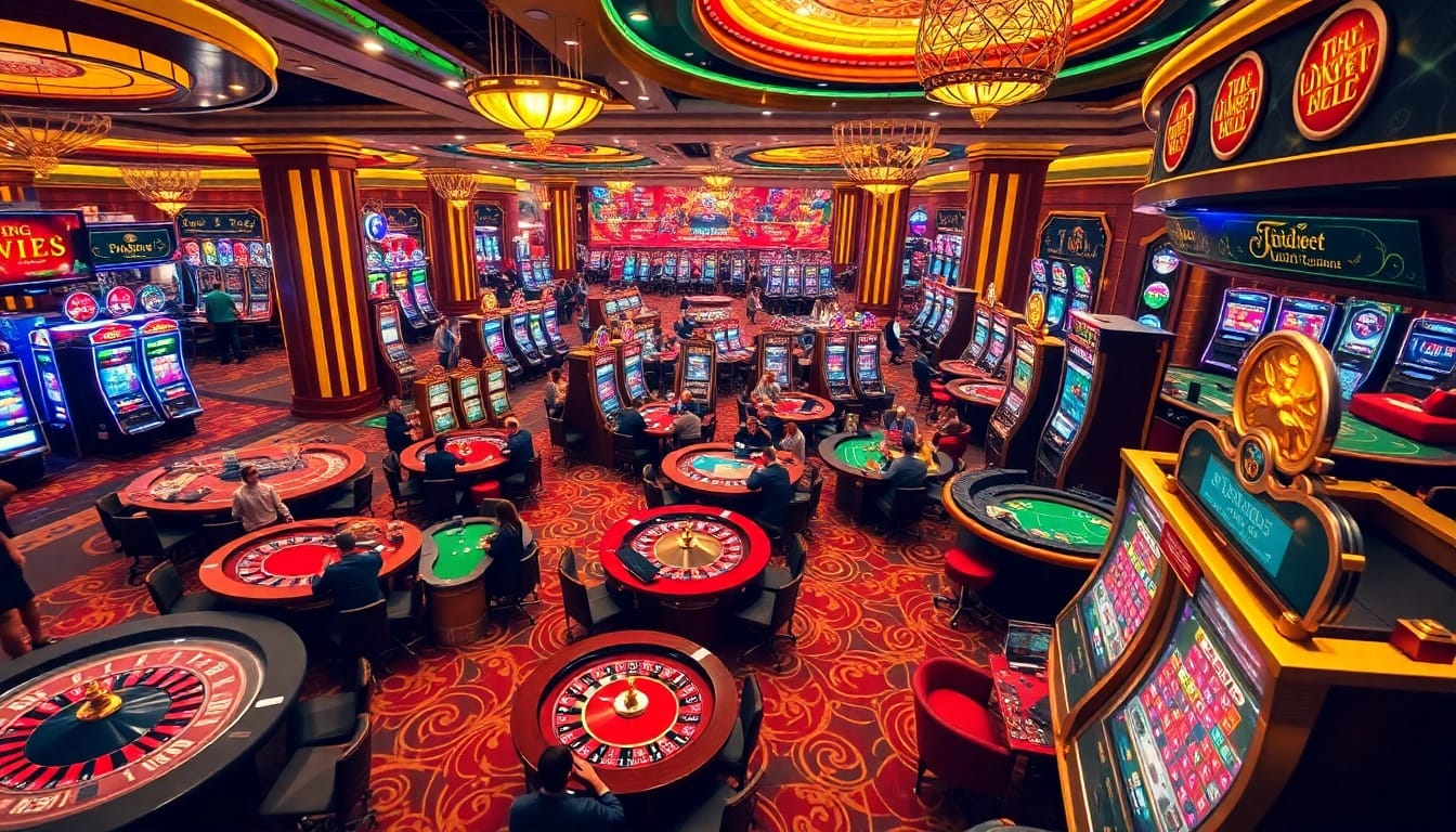 Players enjoying various games at the trang chủ thabet casino, showcasing excitement and vibrant energy.