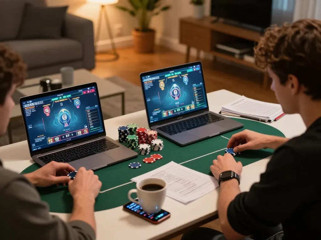 Intense online poker gameplay featuring players at home with link f8bet visible on screens, showcasing strategy and engagement.