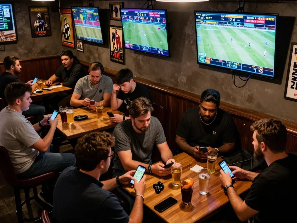 NK88 bettors cheering and placing live bets in a bustling sports bar.