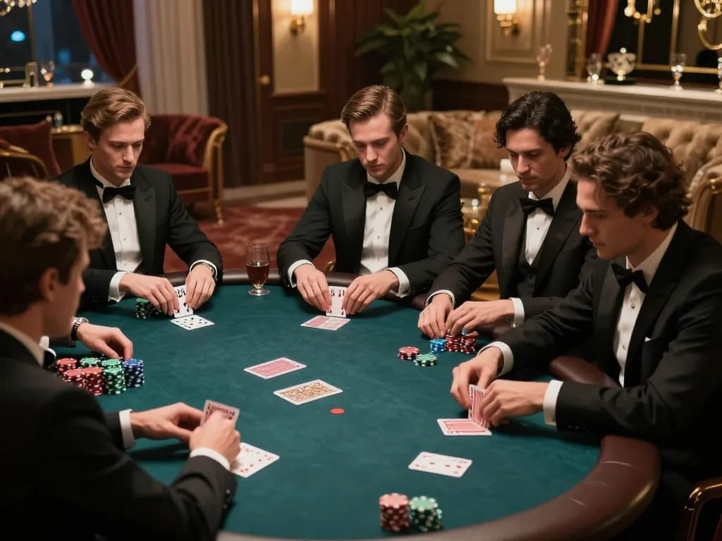 Players engage in an intense RED88 poker game in a luxury setting, showcasing strategy and excitement.