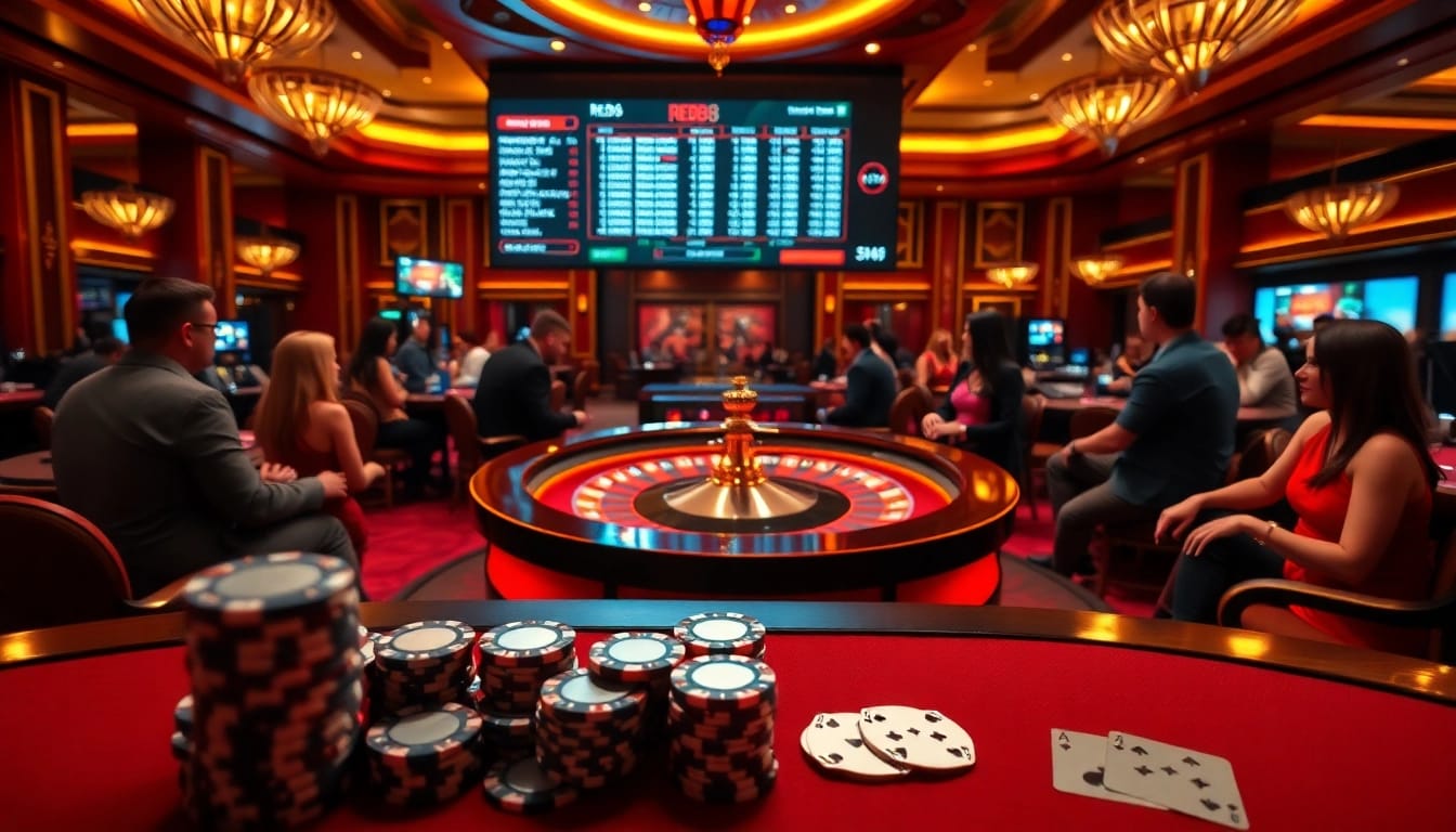 Engage in thrilling gambling experiences at https://red88.br.com/, featuring casino tables and vibrant poker chips.