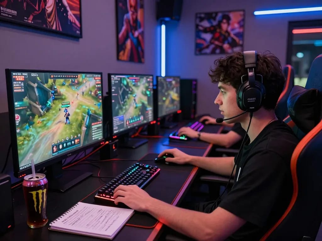Immersive gaming scene at https://bomwin.jp.net/ with vibrant LED lighting and a gamer in action.