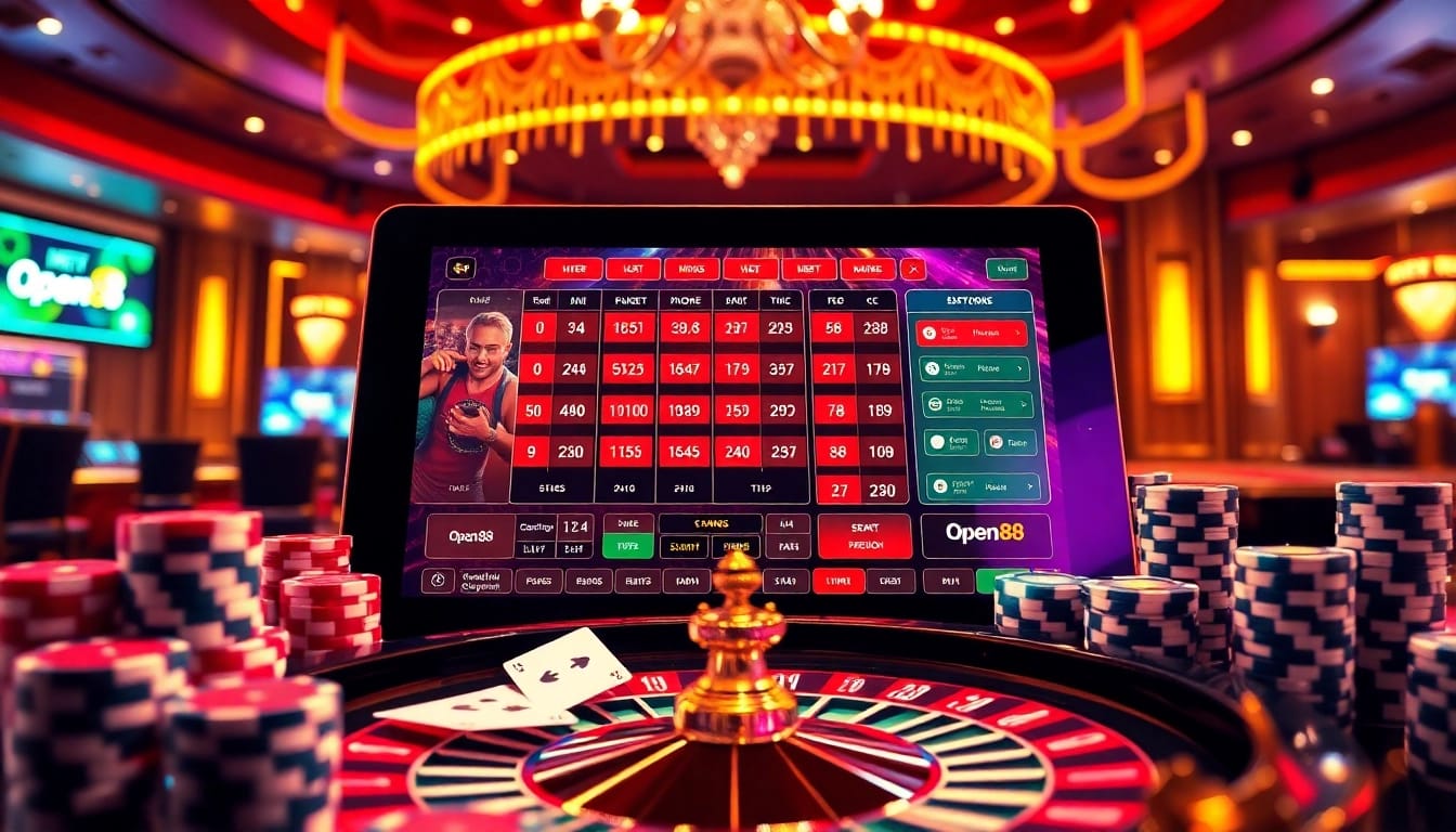 Experience the excitement of OPEN88 with a vibrant online gambling interface and casino elements.