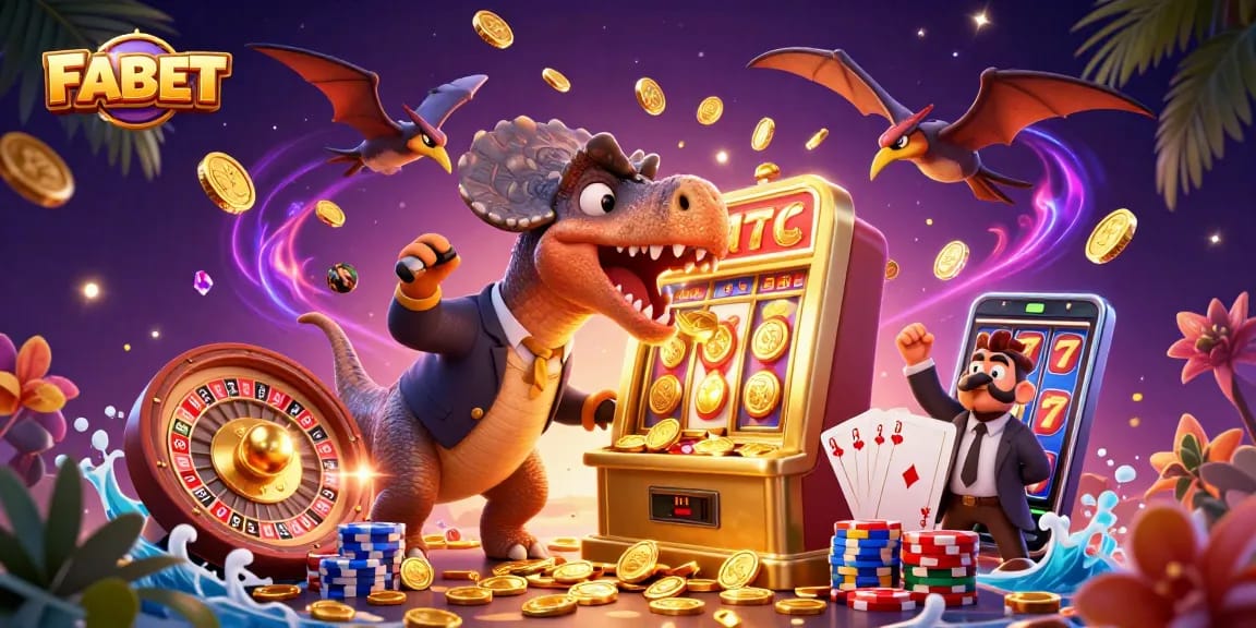 FABET players enjoy jackpots as a pachycephalosaurus wins big at the casino, surrounded by coins.