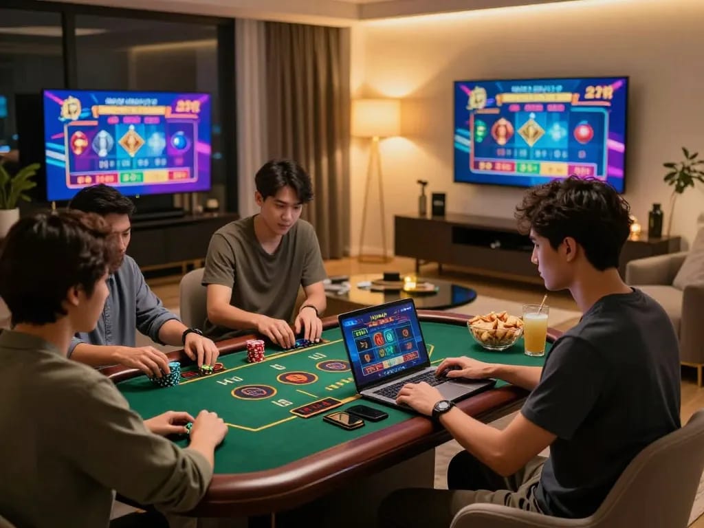 Engaged player at https://lu88y.com/ using laptop for exciting live dealer gaming at home.