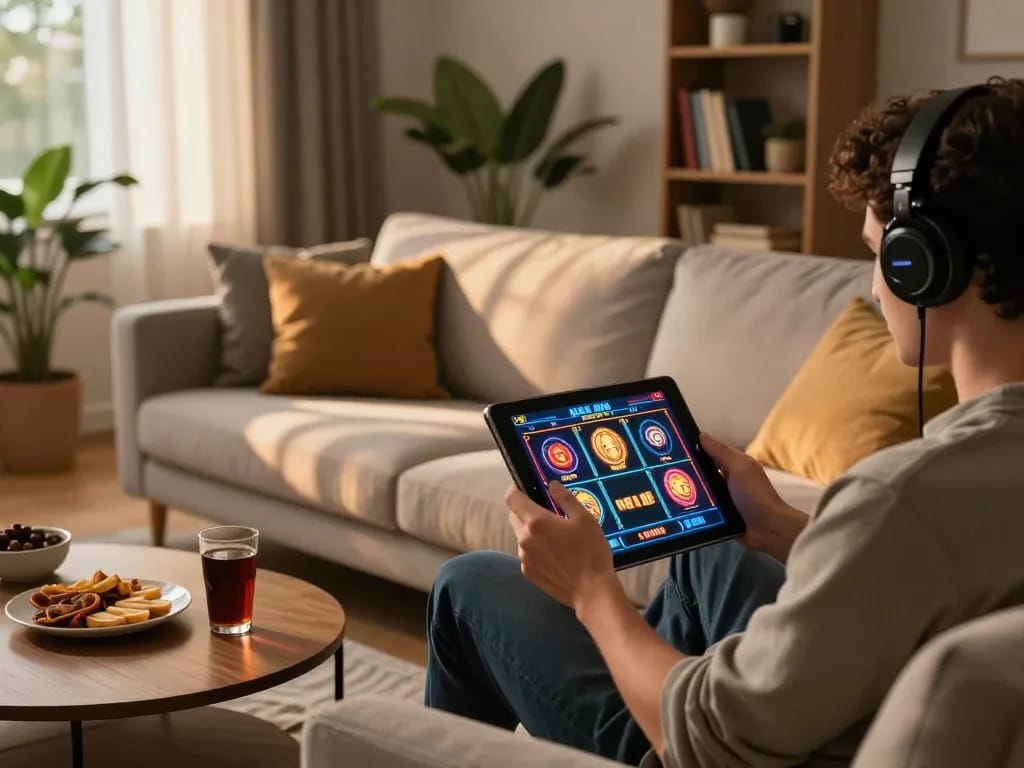 New 88 player enjoying online slots in a cozy home setting, showcasing vibrant gameplay.