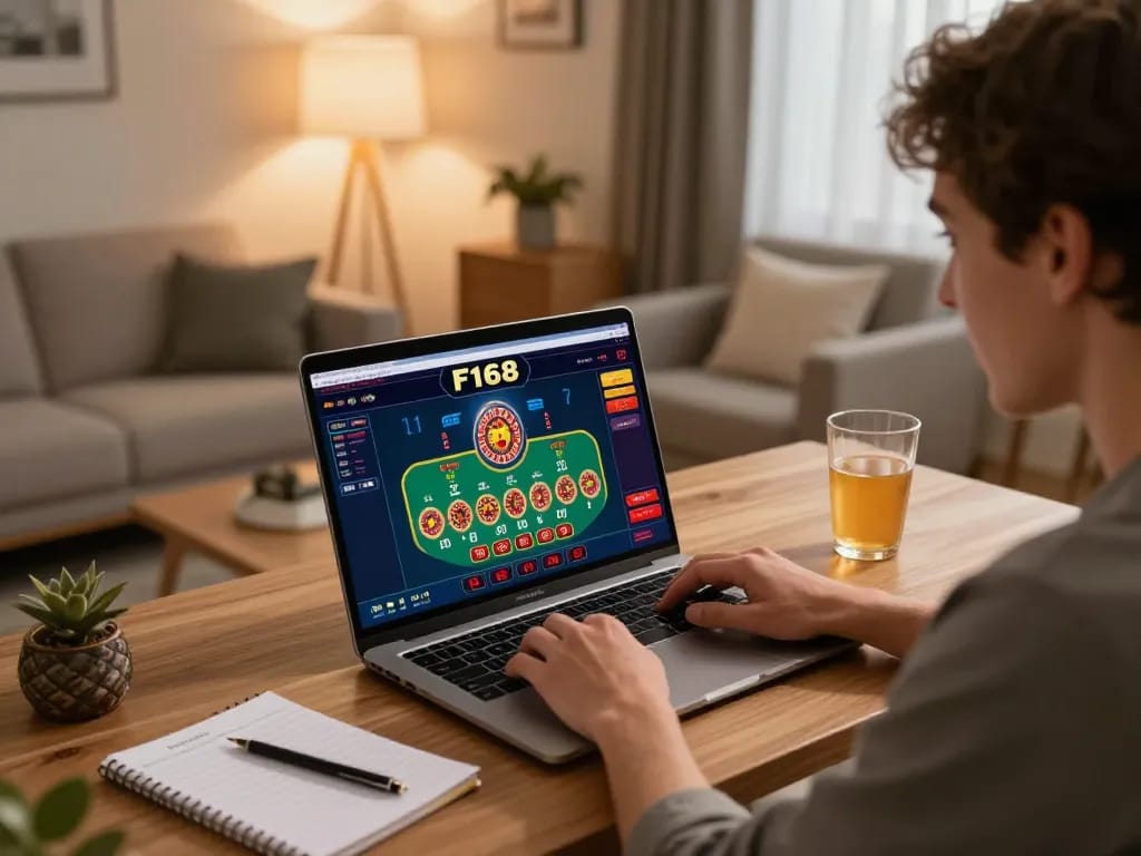 F168 player engaged in online casino gaming with laptop, showcasing strategic betting.