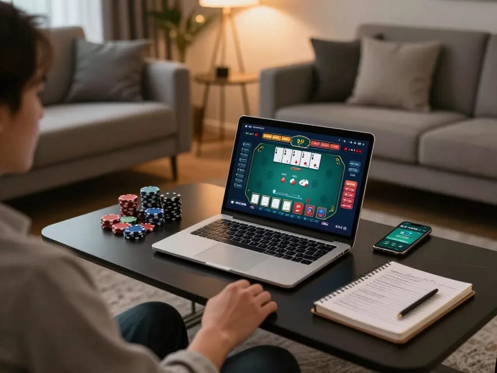 Join the action at ta88ai.com with a cozy online poker game setup featuring strategic notes and a betting app.