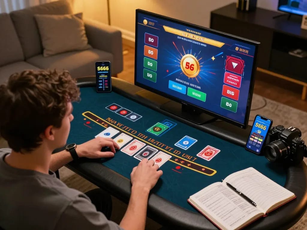 S666 online blackjack player strategizing bets at home with digital cards on screen