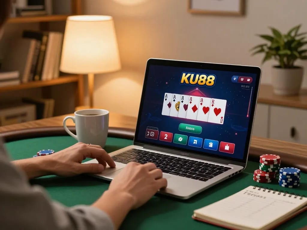 KU88 player engaging with poker game on laptop in a cozy home setting