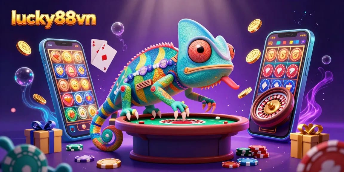 Engage with lucky88vn's vibrant casino world, featuring a dynamic chameleon owner amidst thrilling games.