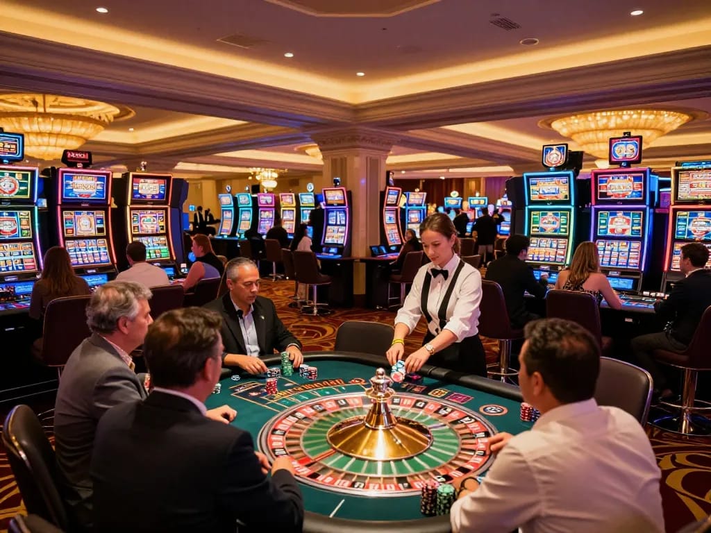 S666 players engaging in high-stakes gameplay at an upscale casino, vibrant atmosphere with slot machines and roulette.