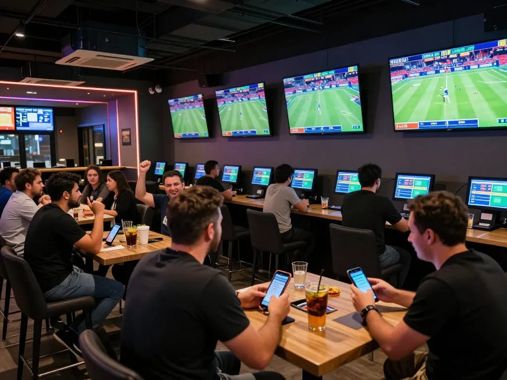 Sports enthusiasts celebrating wins while betting on OPEN88's interactive live sports betting interface.