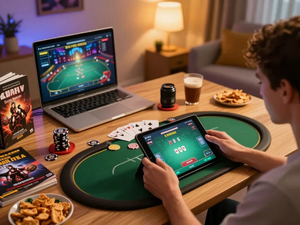 Player strategizing on 98winlive while engaging in an online poker game, showcasing a cozy home setup.
