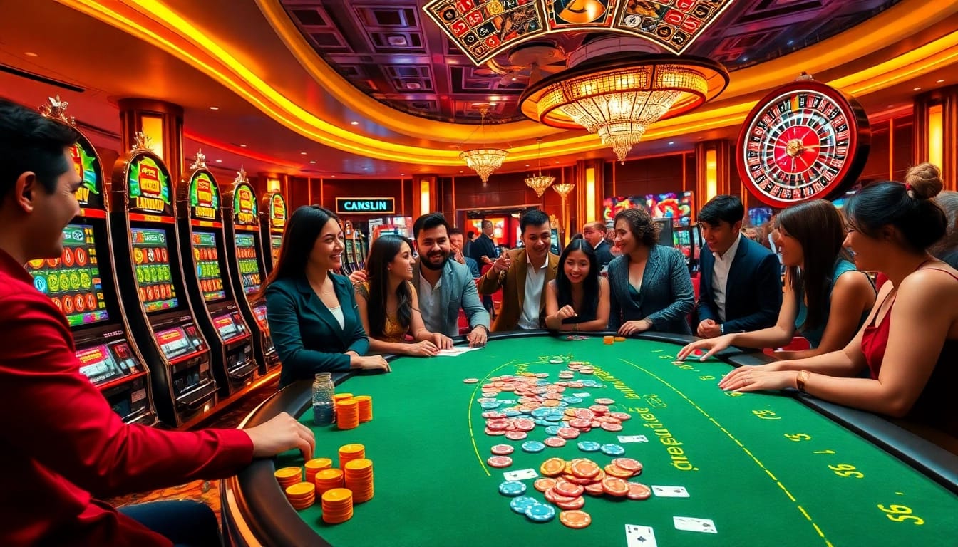 Players enjoying thrilling casino games at F168, featuring a vibrant poker table and spinning roulette.