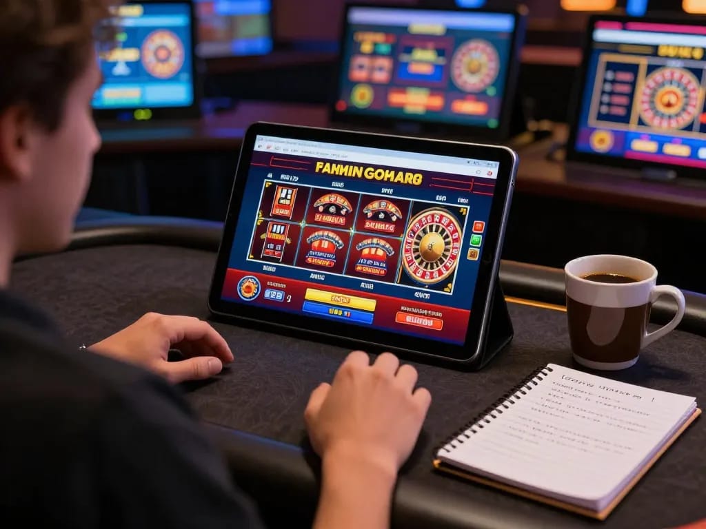 Engaged player using tablet for online gaming at a Nhà cái uy tín platform, focusing on slots and responsible strategies.