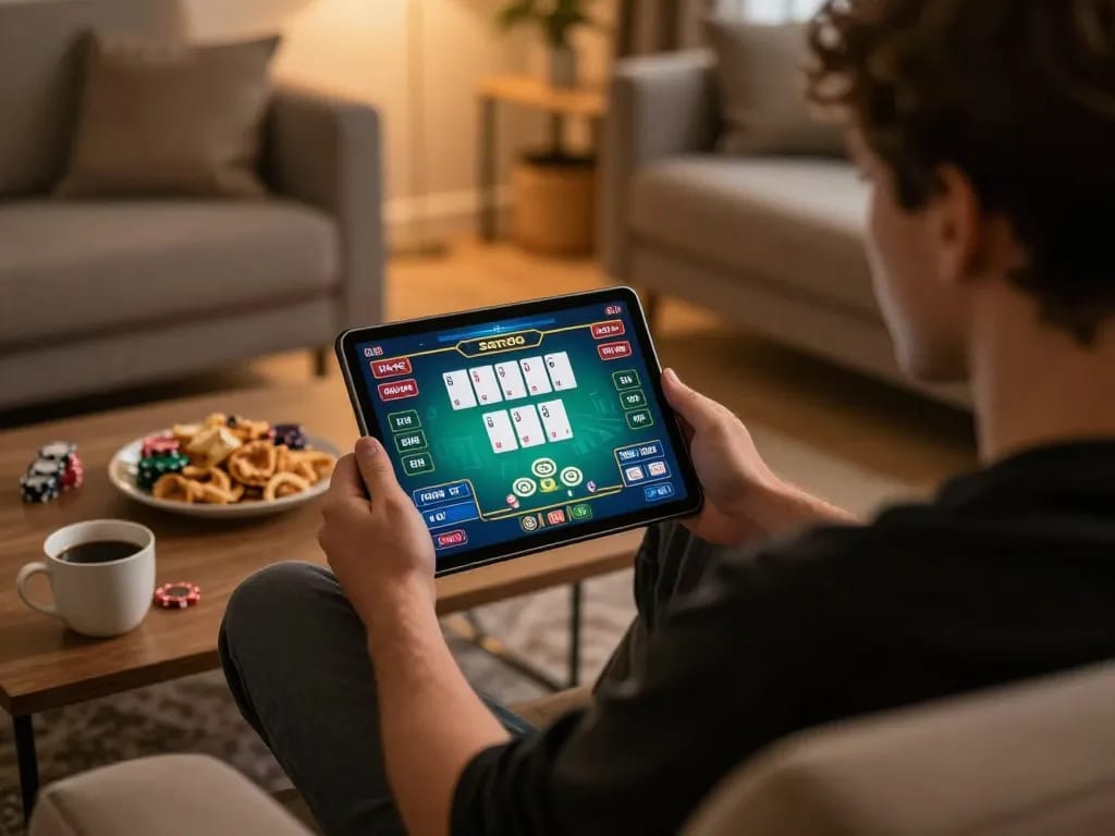 Player exploring sam86 online poker game interface on tablet at home during an engaging session.