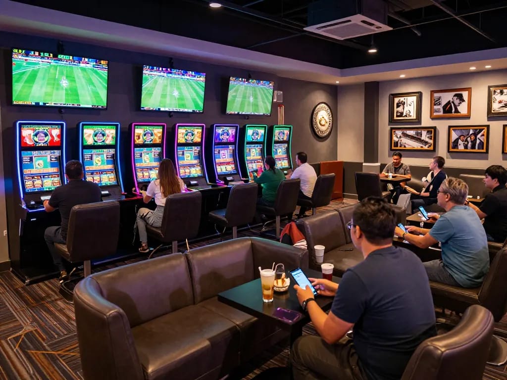 U888 visitors engaging in sports betting at a modern casino lounge environment with live event displays.