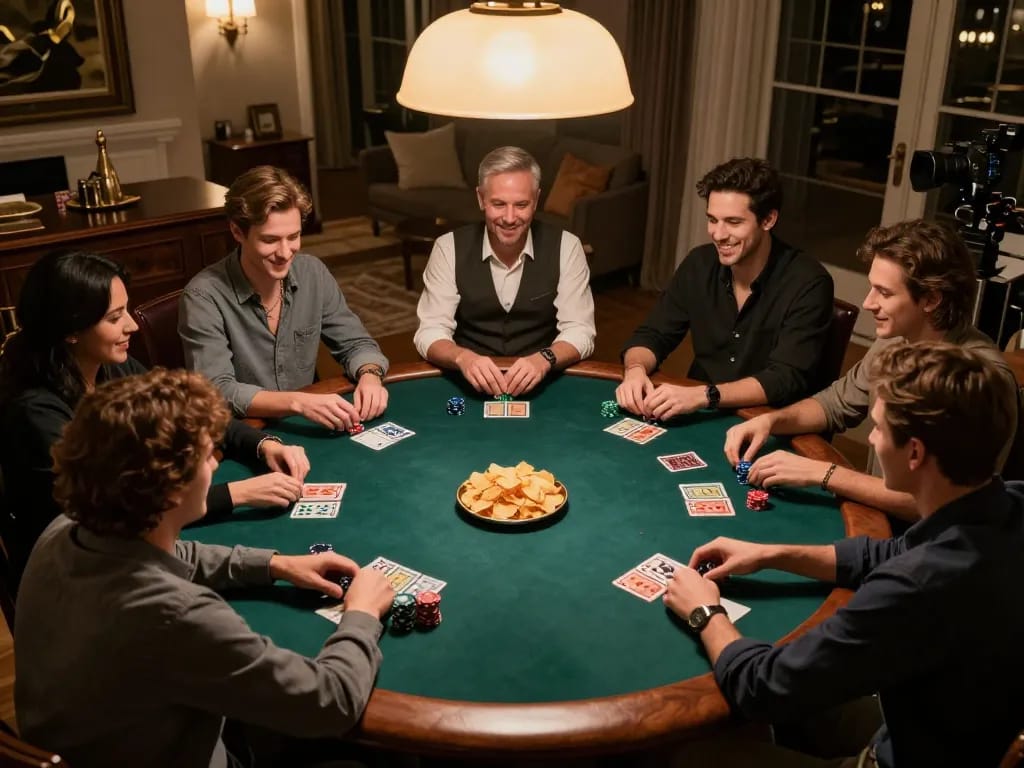 Friends enjoying a thrilling game of poker at home while exploring QQ88 for online bets.