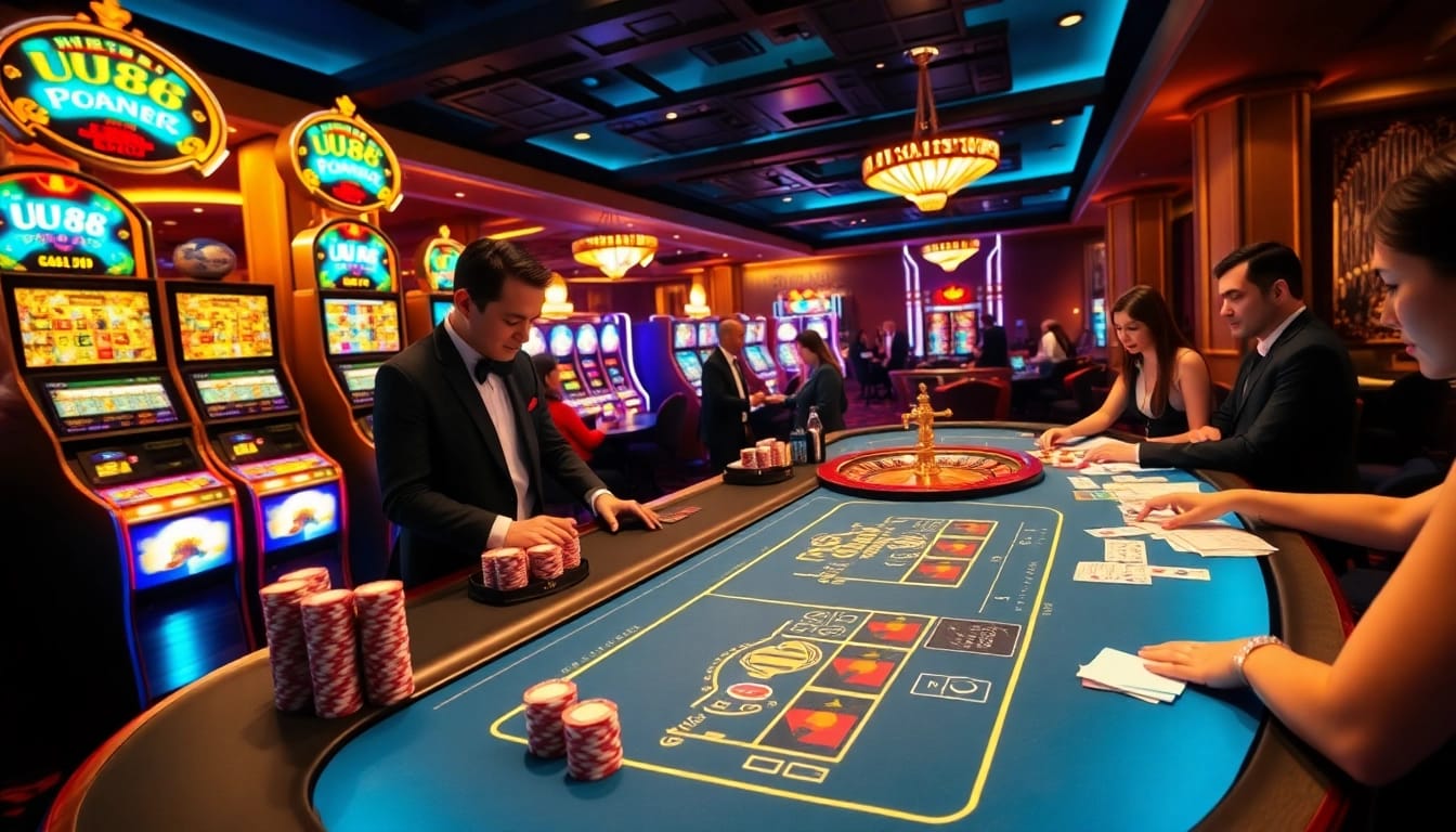 Gambling excitement at UU88 casino with vibrant tables and engaged players.