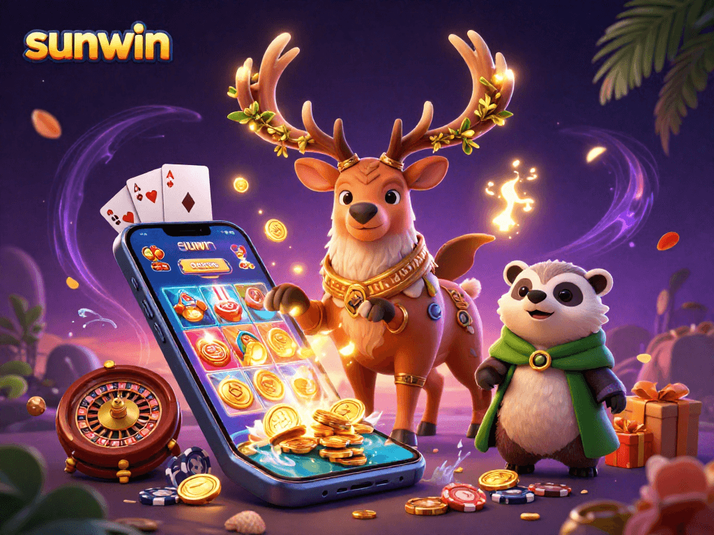 Engage with sunwin's vibrant 3D casino scene featuring a druid stag and interactive gaming elements.