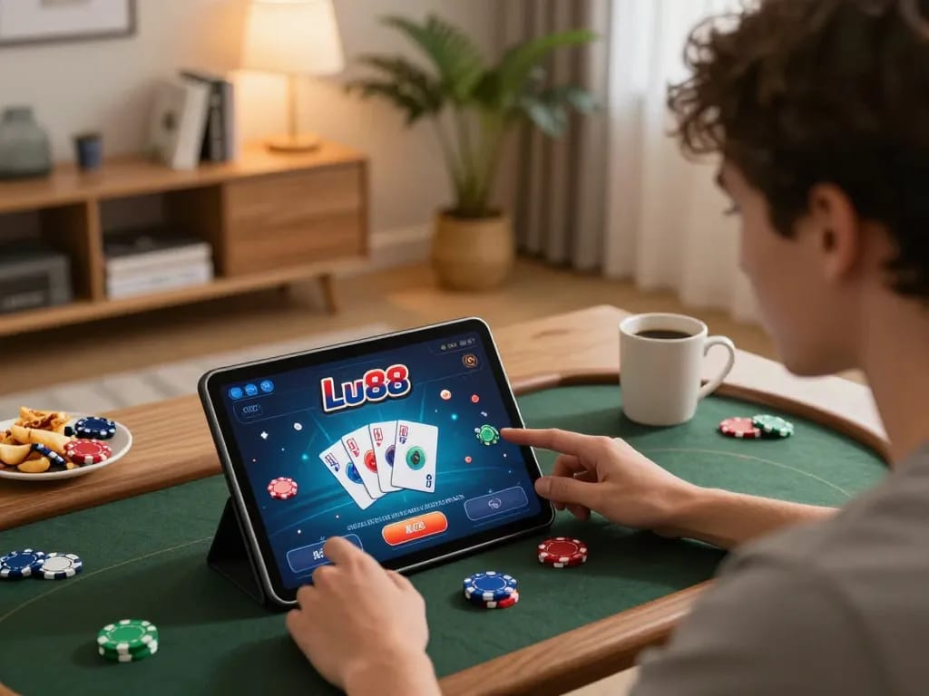 Engaged player exploring Lu88's online casino poker interface on tablet in a cozy living room