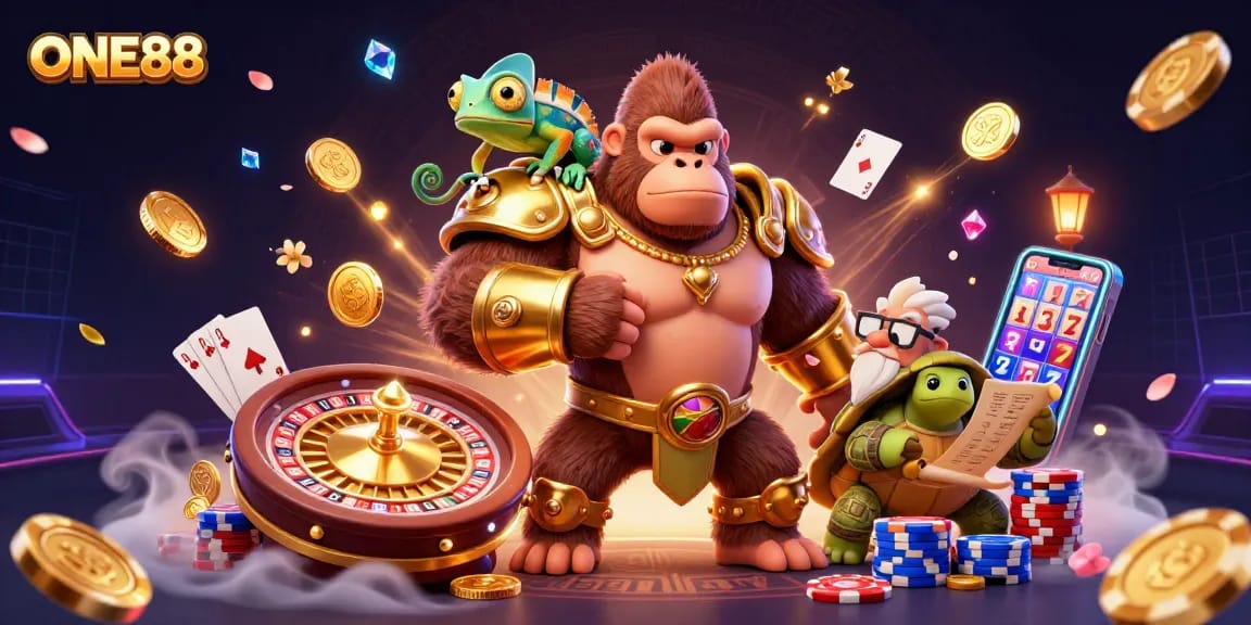 Engage in the thrilling world of ONE88, featuring a powerful gorilla king amidst dazzling casino elements.