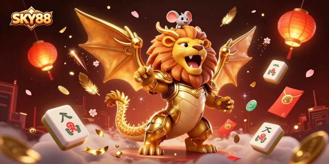 SKY88 ignites excitement with a roaring chimera in golden armor, set against a dynamic casino backdrop.
