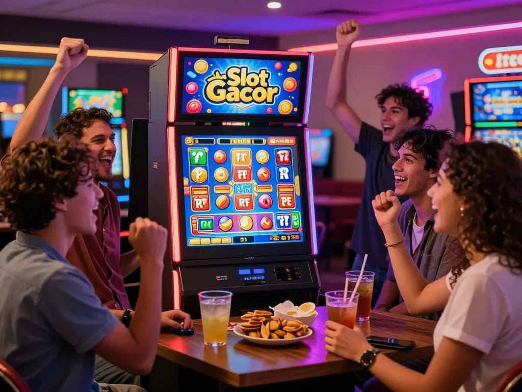 Group enjoying Slot Gacor game at home with drinks and snacks, lively casino atmosphere.