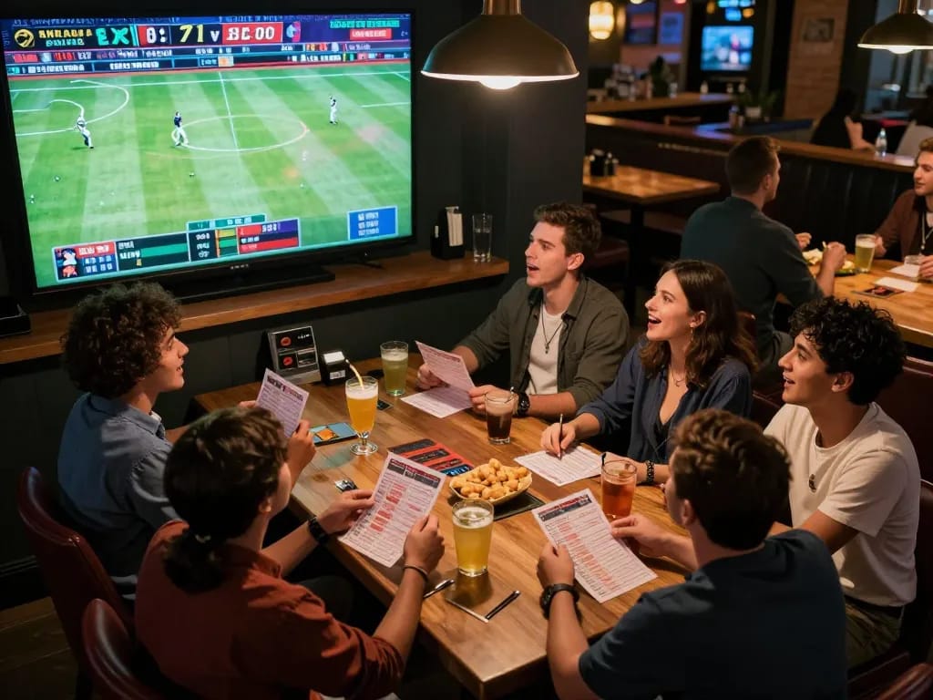 Friends enthusiastically placing bets on sports at a lively bar for the FIVE88 gaming experience.