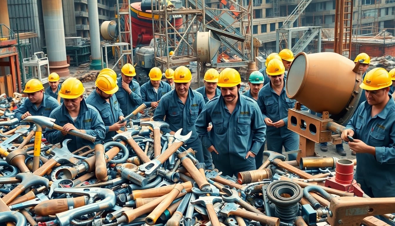 Utensili edilizia, che mostrano utensili essenziali per la costruzione e lavoratori esperti in azione su un sito impegnato.