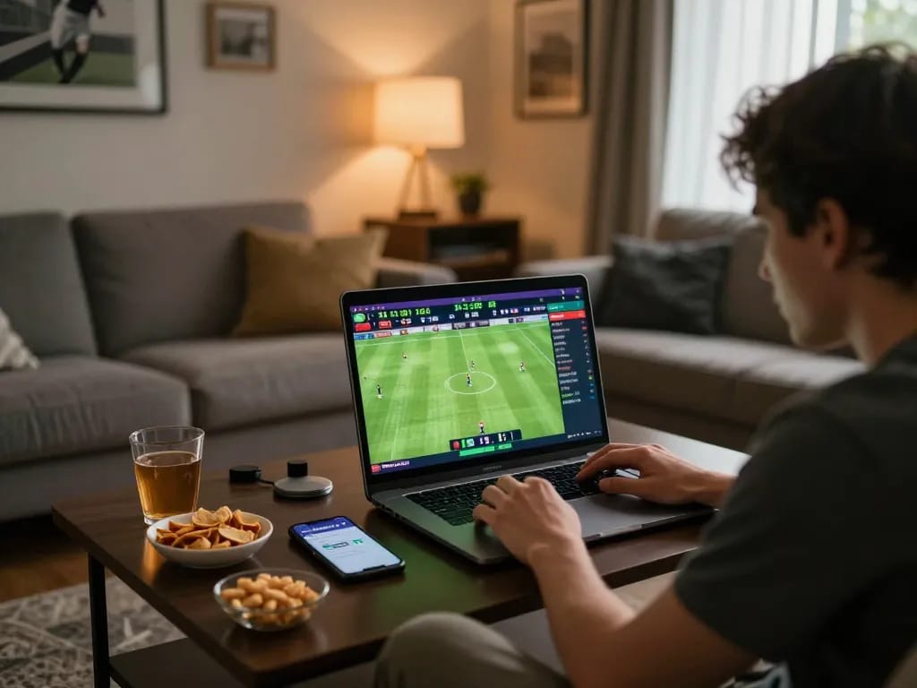 Person using the Bsport app for live sports betting in a cozy living room.