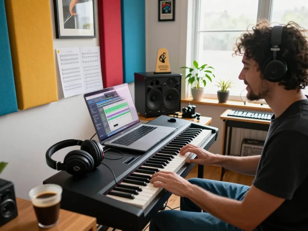 Musician playing go 88 digital piano in a vibrant home studio, surrounded by music production gear and inspirational decor.