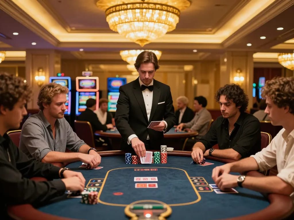 fun79 poker game in a vibrant casino atmosphere with engaged players and warm lighting
